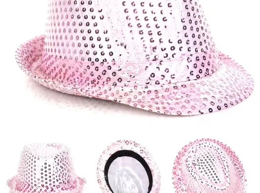 Pembe Payetli Disco Parti Şapkası Yetişkin Işıltılı Fötr Model