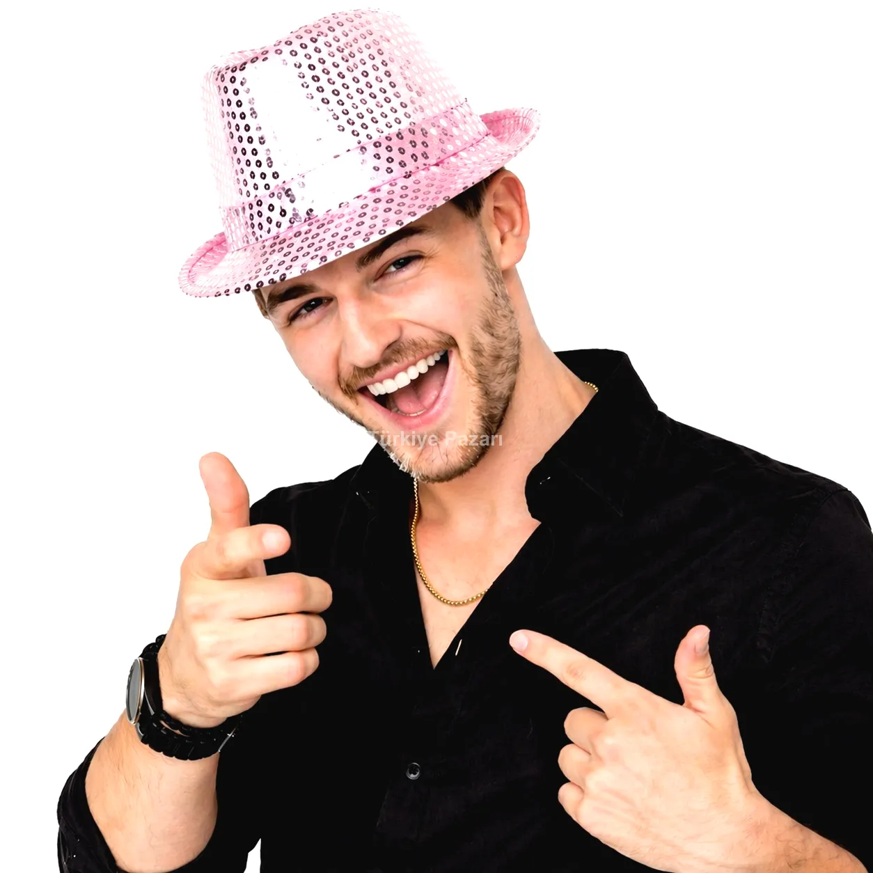 Pembe Payetli Disco Parti Şapkası Yetişkin Işıltılı Fötr Model