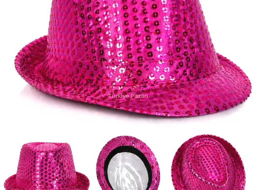 Fuşya Pembe Payetli Disco Parti Şapkası Yetişkin Işıltılı Fötr Model