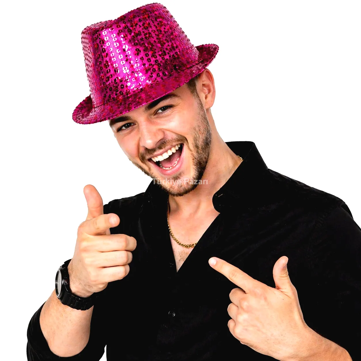 Fuşya Pembe Payetli Disco Parti Şapkası Yetişkin Işıltılı Fötr Model