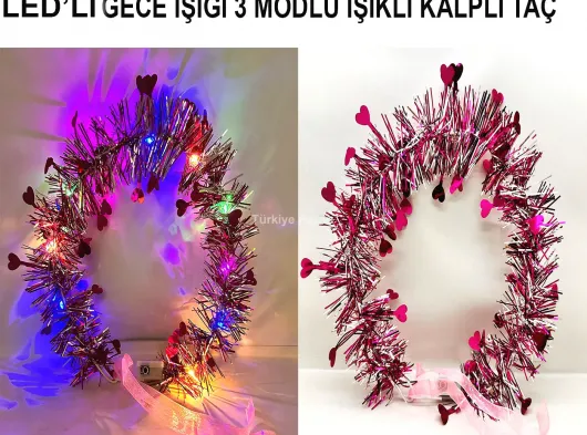 Kalp Püsküllü Gece Parıltısı 3 Modlu LEDli Işıklı Taç Fuşya Renk