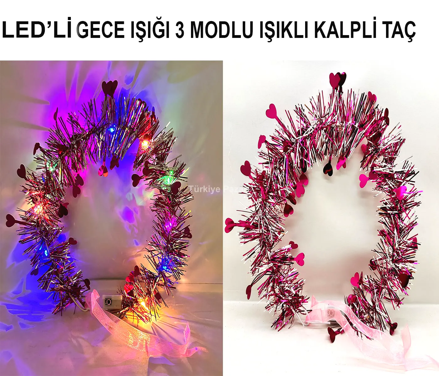 Kalp Püsküllü Gece Parıltısı 3 Modlu LEDli Işıklı Taç Fuşya Renk