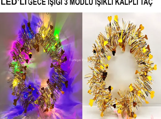 Kalp Püsküllü Gece Parıltısı 3 Modlu LED li Işıklı Taç Altın Renk