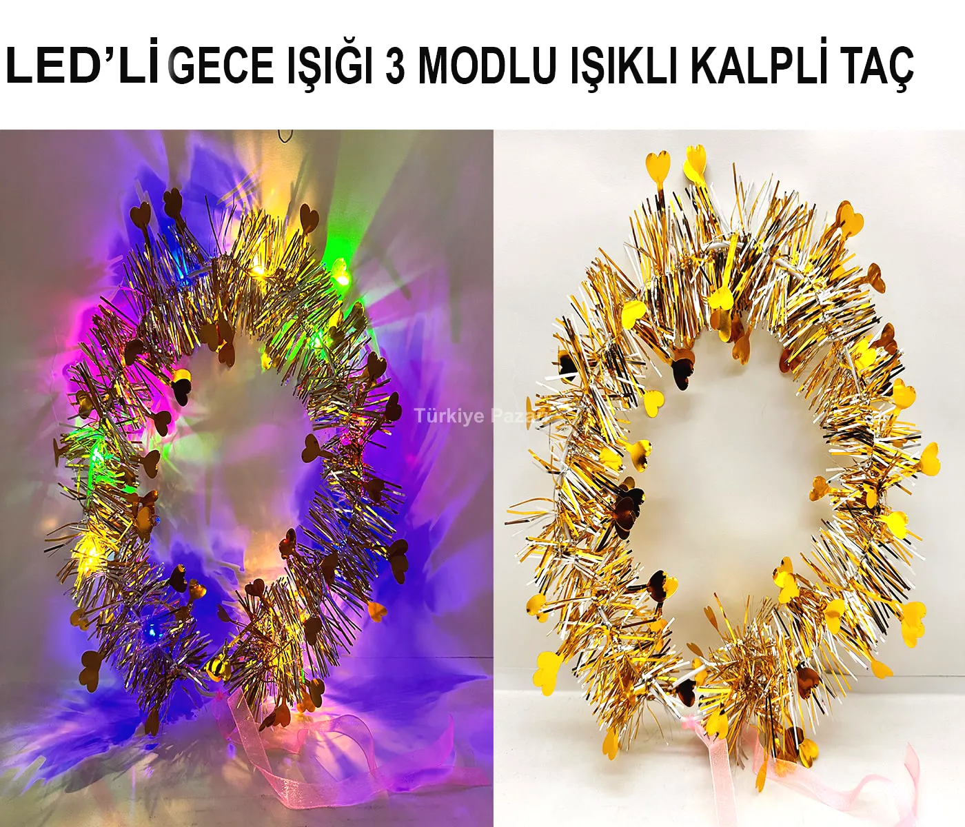 Kalp Püsküllü Gece Parıltısı 3 Modlu LED li Işıklı Taç Altın Renk