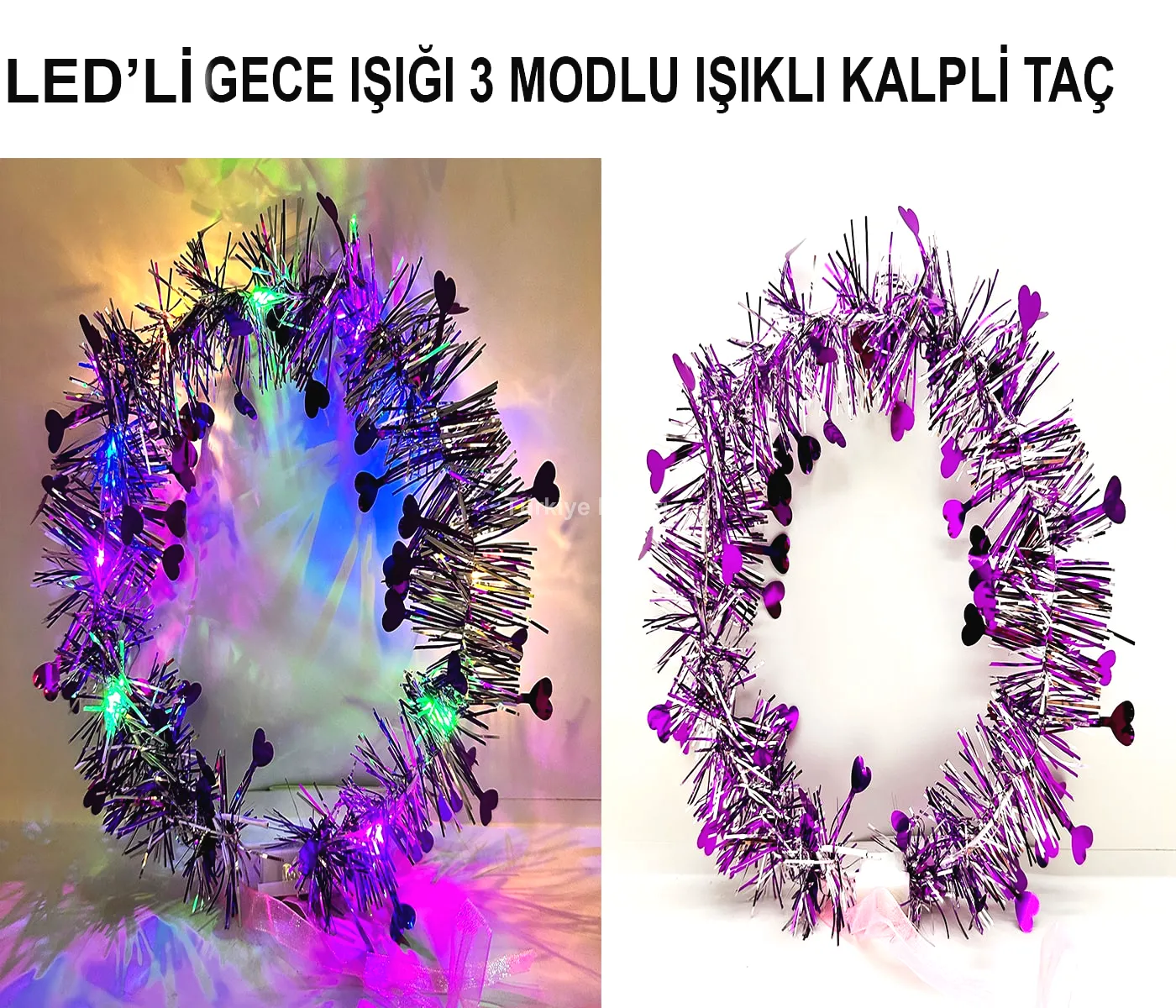 Kalp Püsküllü Gece Parıltısı 3 Modlu LED li Işıklı Taç Mor Renk