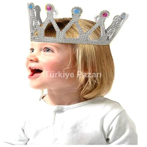 Gümüş Renk Çocuk ve Yetişkin Uyumlu Kraliçe Tacı Prenses Tacı 8X25 cm