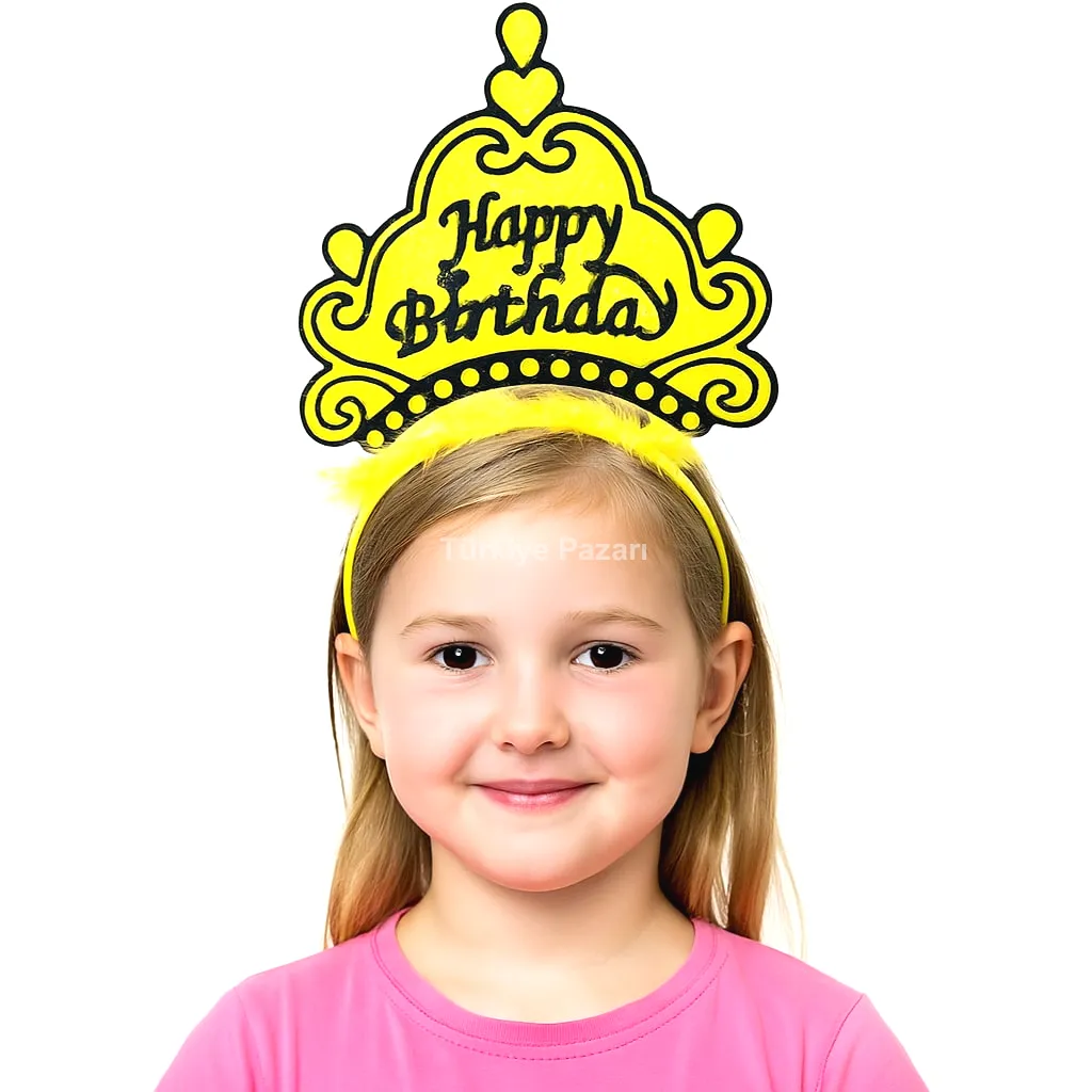 Sarı Happy Birthday Prenses Tacı – Doğum Günü Taç Aksesuarı