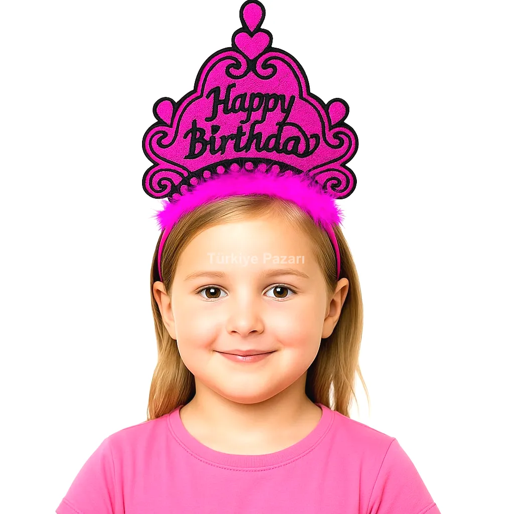 Fuşya Happy Birthday Prenses Tacı – Doğum Günü Taç Aksesuarı